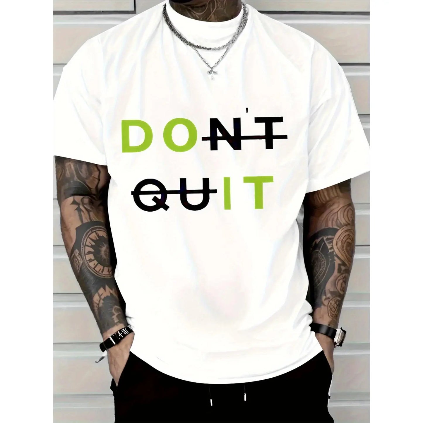 2026Men's Casual Cotton T-Shirt with Bold DON'T QUIT Motivational Graphic - White Tee, Green & Black Text, Regular Fit Short Sleeve, Machine Washable for Casual Attire & Summer Outdoor Apparel, Cotton T Shirts, Soft Fabric Shirt