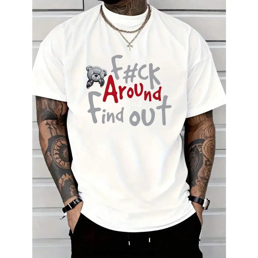 Men's Casual 100%25 Cotton T-Shirt with Boxer Bear Graphic - "FK AROUND AND FIND OUT" Print, Black, Short Sleeve, Round Neck, Machine Washable, All-Season Comfort