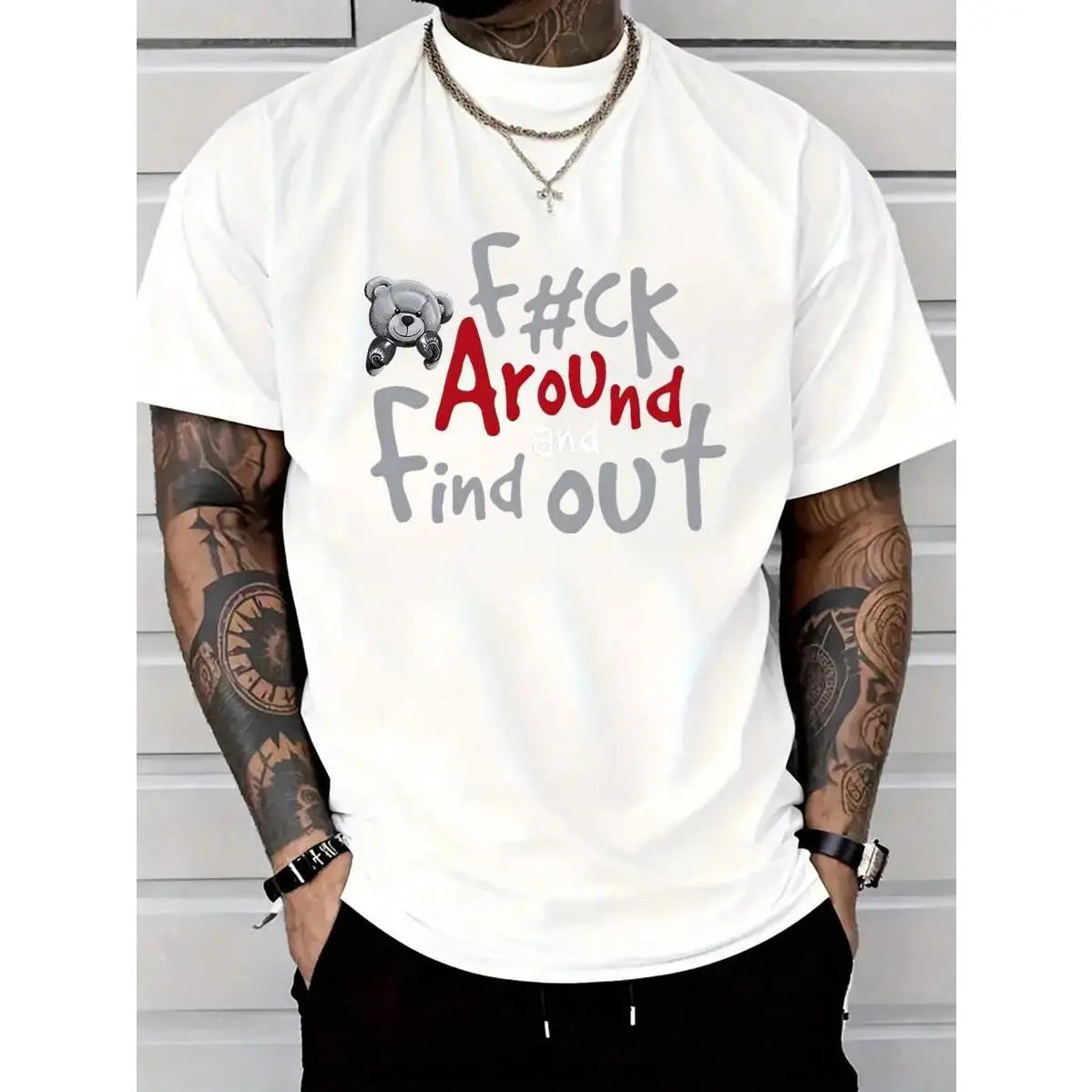 Men's Casual 100%25 Cotton T-Shirt with Boxer Bear Graphic - "FK AROUND AND FIND OUT" Print, Black, Short Sleeve, Round Neck, Machine Washable, All-Season Comfort