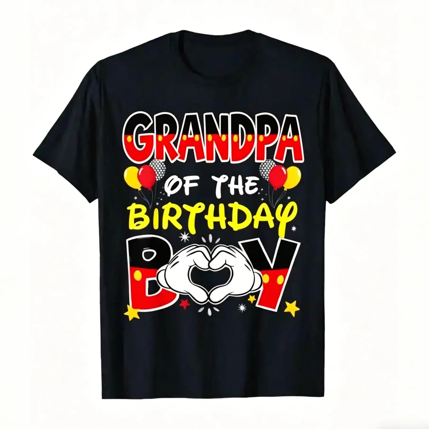 Men's "Daddy of the Birthday Boy" Graphic T-Shirt - Black, Casual, Shortleeve Crewneck Top, Menswear Streetwear Trendy Tshirts with Colorful Heart & Confetti Design, Ideal for Family Celebrations, Comfortable Fit