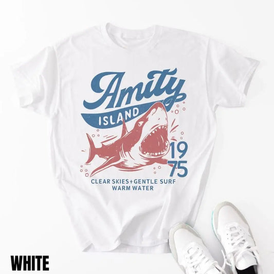 Jaws Amity Island 1975 Unisex Tee, Movie Inspired Gift, T-Shirt for Film Buffs, Retro Summer Shirt, Vintage Beach Tee