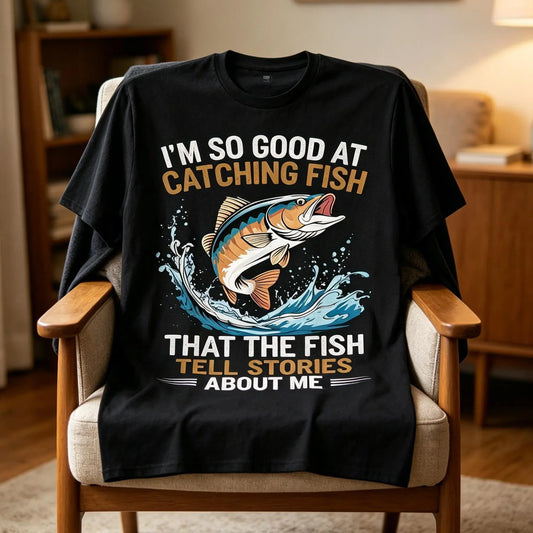 Men's Funny Fishing T-Shirt I Fish So Well The Fish All Tell Stories with Jumping Fish Graphic Lightweight Breathable 100%25 Cotton All-Season Casual Outdoor Fishing Apparel Sizes S-XXXL Machine Washable Ideal Gift double print Tshirt Round Neck Menswea