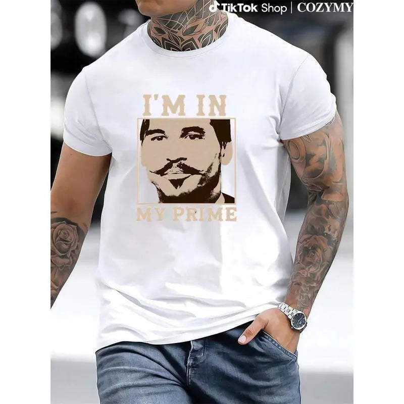 Vintage Tombstone Graphic T-Shirt for Men | Doc Holiday "I'm In My Prime" Print | Relaxed Fit Cotton Streetwear with Shortsleeve Crew Neck