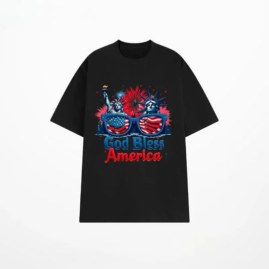 Womens Patriotic God Bless America T-Shirt - 100%25 Round Neck Short Sleeve Tee with Statue of Liberty & Flag Fashion Glasses Design, Vibrant Fireworks & Stars Print for 4th of July, Memorial Day, Juneteenth, Mothers Day - Casual Spring