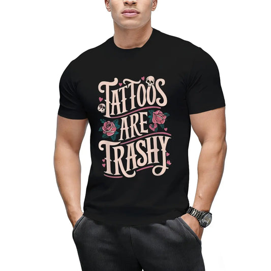 Unisex T-Shirt | Casual Round Neck, Geometric Pattern, "Tattoos Are Trashy" Slogan, Breathable Knit Fabric