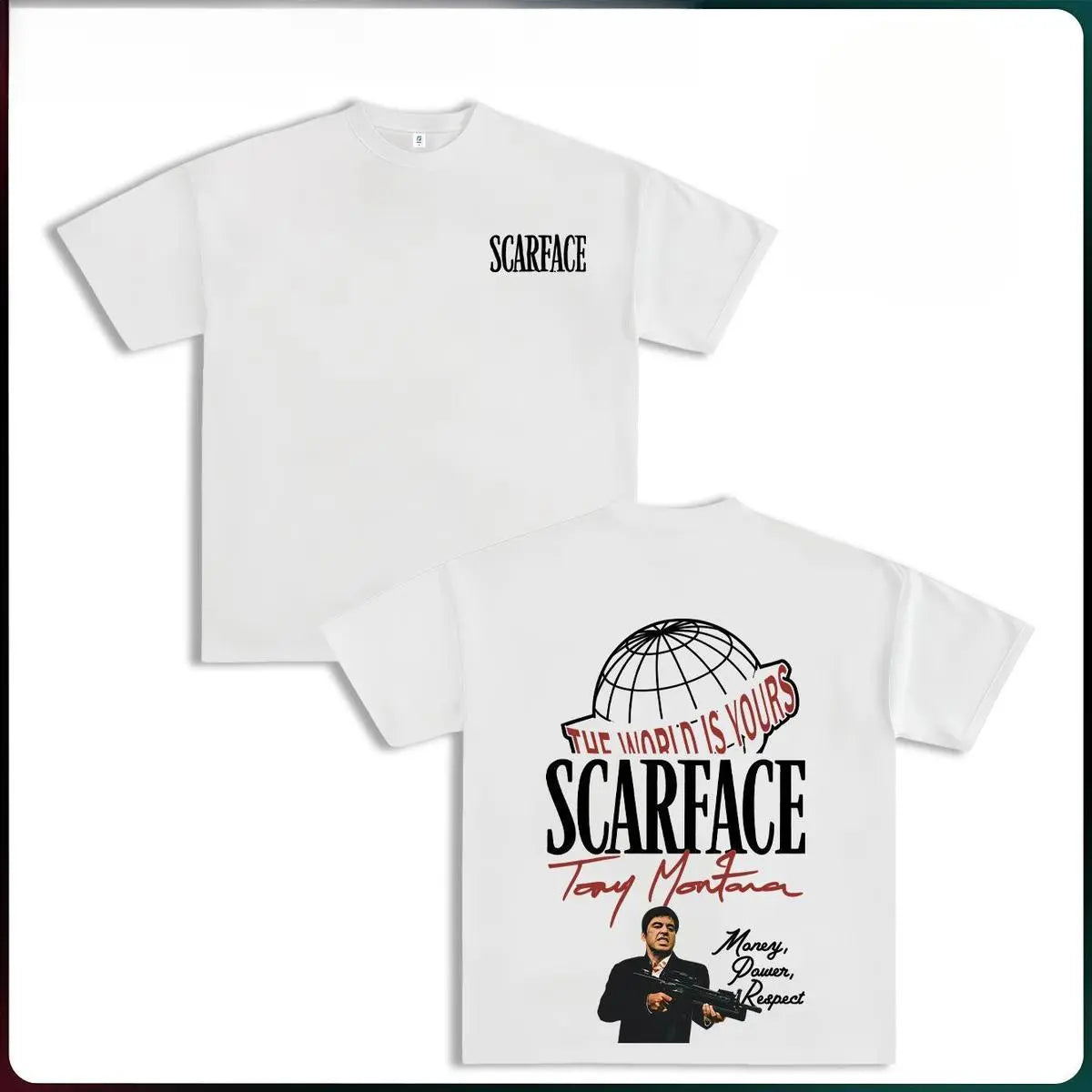FEEGO Scarface Two Sides Graphic Tee - The World is Yours Design with Tony Montana Iconic Image Perfect for Movie Fans and Streetwear Enthusiasts Menswear Casual Crewneck Tshirt 100%25 Pure Cotton Y2K Streetwear Tee good graphic tees gifts for him 052