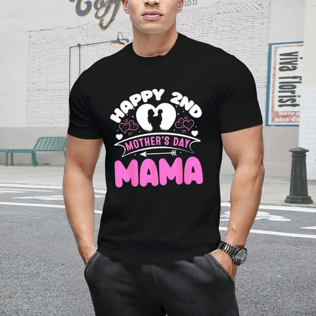 Women's Happy 2nd Mother's Day Mama T-Shirt, Coastal Tropical Print Flexible Crew Neck Tee for Vacation
