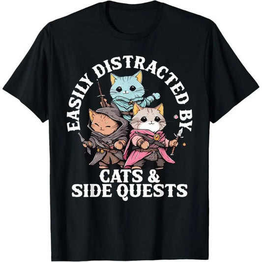 Easily Distracted By Cats And Side Quests T-Shirt Funny RPG Gamer Graphic Tee DND Lovers Gift Retro Fantasy Adventure Cat Apparel Unisex Soft Cotton Gaming Shirt Harajuku Streetwear Top BlackUnisex T-shirts S-3XL