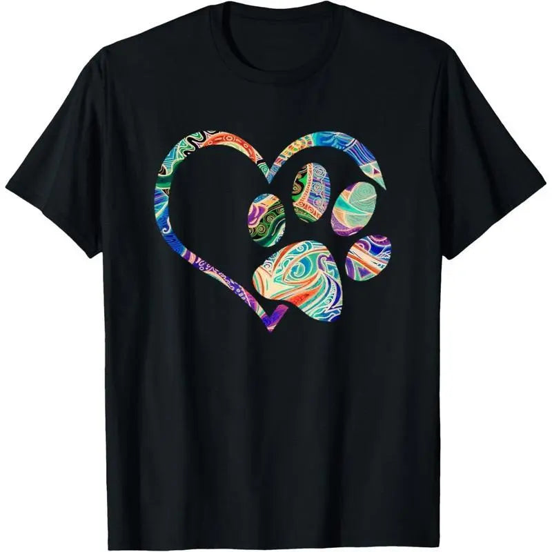 Women's Cotton Short Sleeve Dog Paw Print Tie Dye Rainbow Casual Loose Fit T-Shirt for Daily Wear and Outdoor Activities
