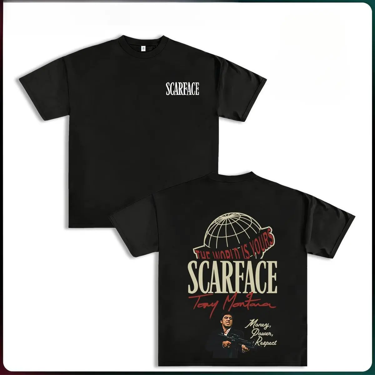 FEEGO Scarface Two Sides Graphic Tee - The World is Yours Design with Tony Montana Iconic Image Perfect for Movie Fans and Streetwear Enthusiasts Menswear Casual Crewneck Tshirt 100%25 Pure Cotton Y2K Streetwear Tee good  graphic  tees gifts for him 052