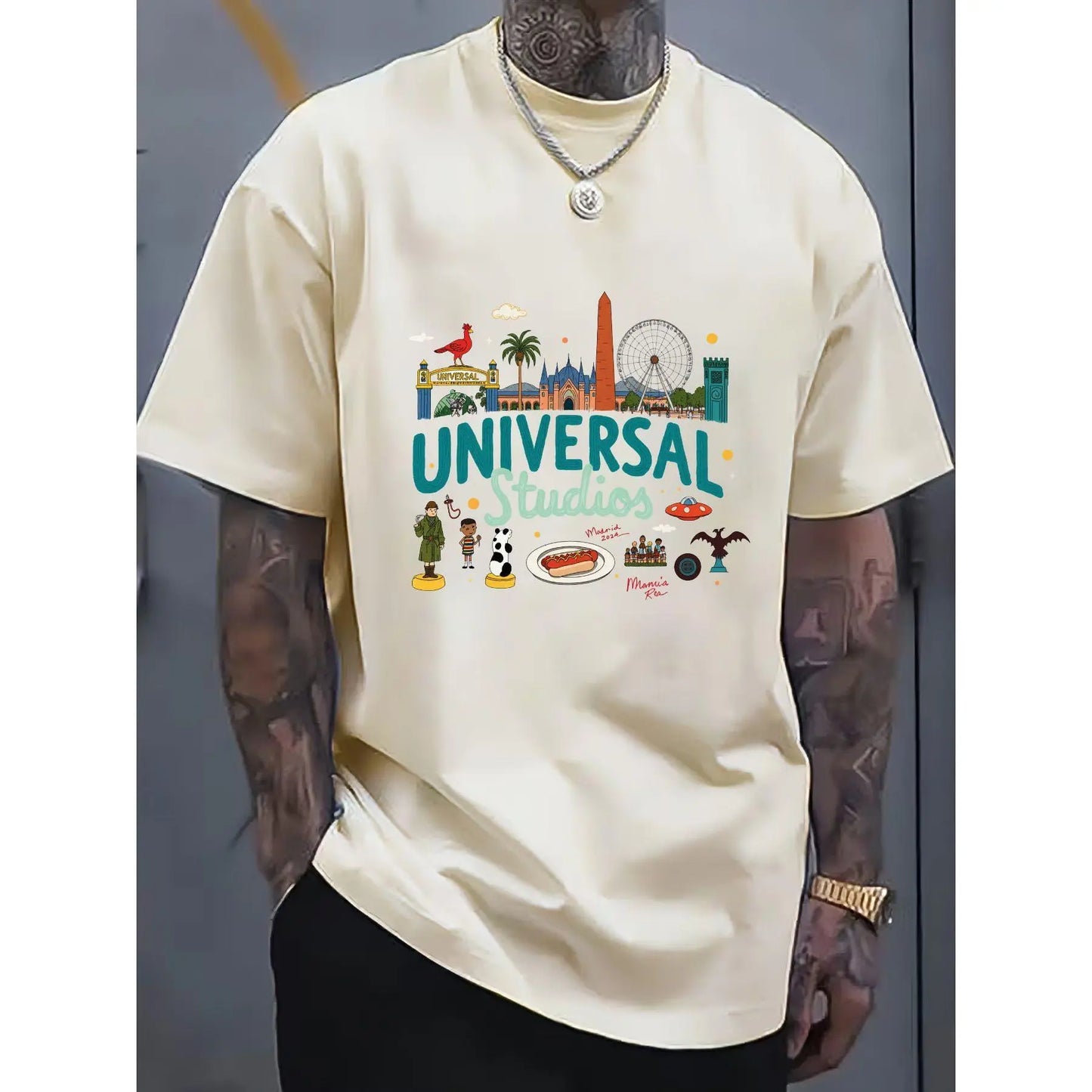 Universal Studios Cartoon Graphic 100%25 Crew Neck T-Shirt | Casual Multi-Color, Teal & Dark Green Text with White Outline, Tattoo-Friendly & Comfortable, Perfect for Festival Gifting