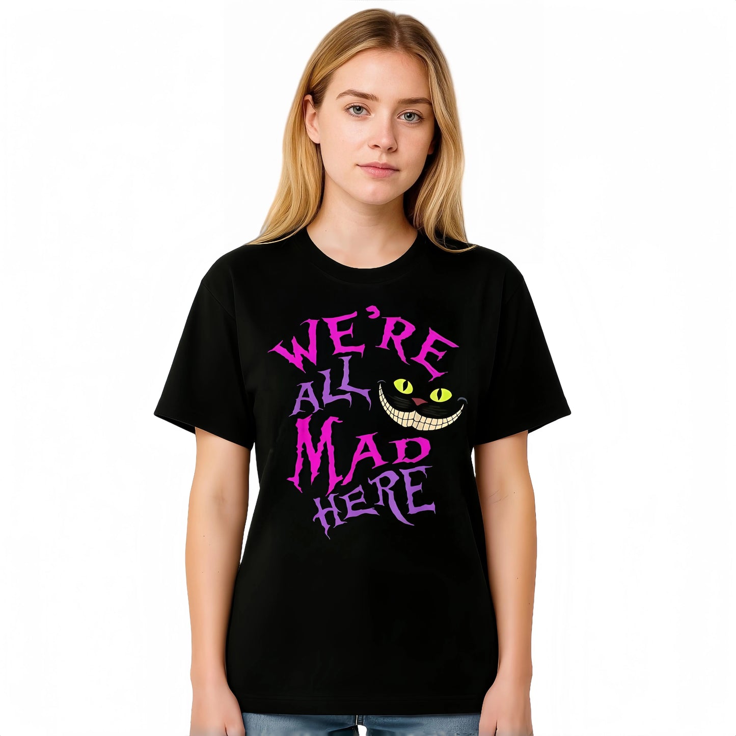 Cat With Mysterious Smile We're All Mad Here Wonderland T-Shirt