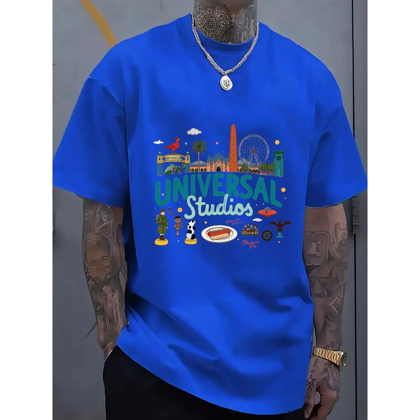 Universal Studios Cartoon Graphic 100%25 Crew Neck T-Shirt | Casual Multi-Color, Teal & Dark Green Text with White Outline, Tattoo-Friendly & Comfortable, Perfect for Festival Gifting