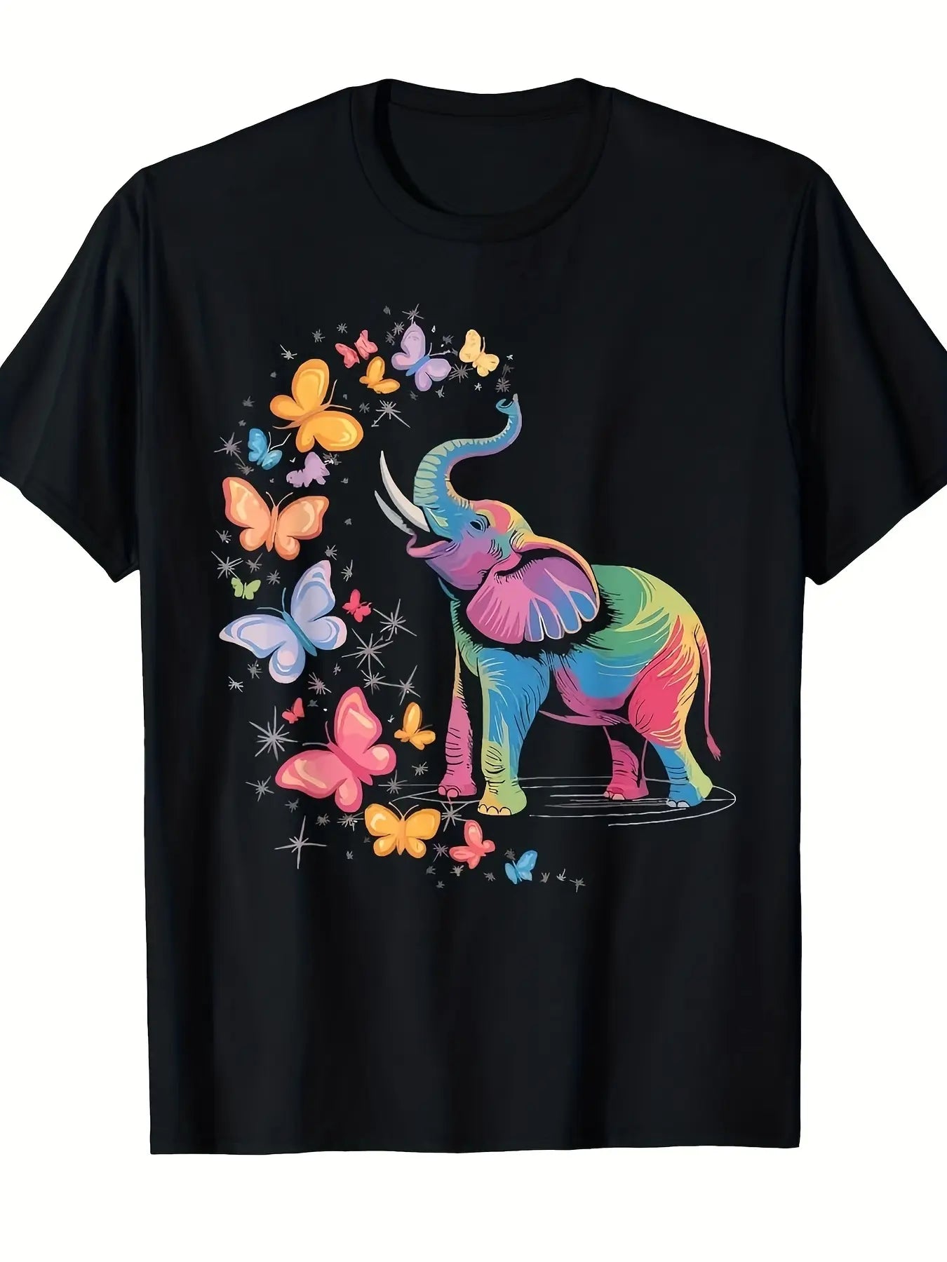 2026 New Rainbow Elephant & Butterflies Graphic Men's T-Shirt Summer Casual Breathable Crew Neck Tee for Elephant Lovers and Nature Enthusiasts