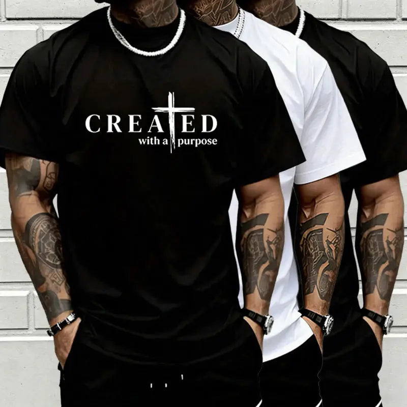Men’s “Created with a Purpose” Christian graphic T-shirt, cross faith quote print tee, casual crew neck, perfect for church outfits, faith wear, and streetwear.