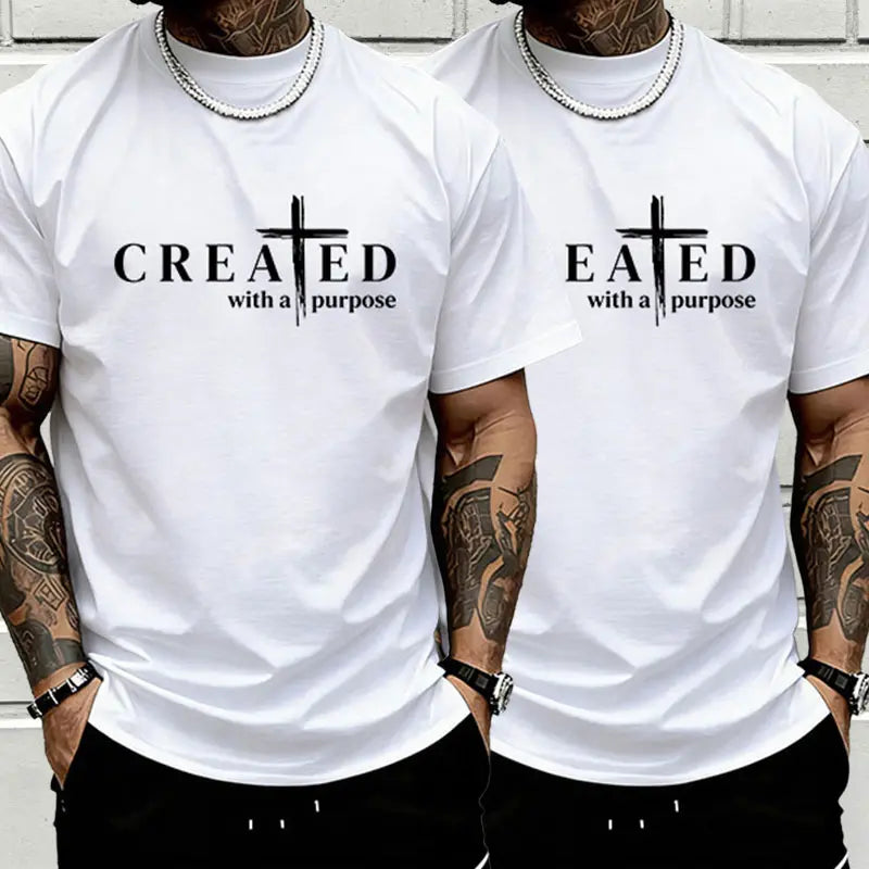 Men’s “Created with a Purpose” Christian graphic T-shirt, cross faith quote print tee, casual crew neck, perfect for church outfits, faith wear, and streetwear.
