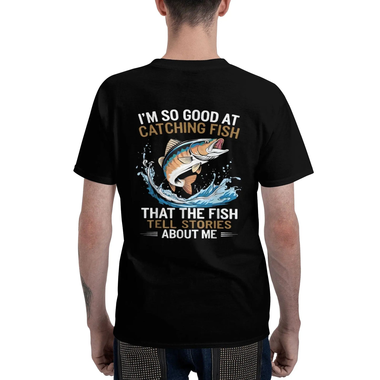 Men's Funny Fishing T-Shirt I Fish So Well The Fish All Tell Stories with Jumping Fish Graphic Lightweight Breathable 100%25 Cotton All-Season Casual Outdoor Fishing Apparel Sizes S-XXXL Machine Washable Ideal Gift  double print  Tshirt Round Neck Menswea