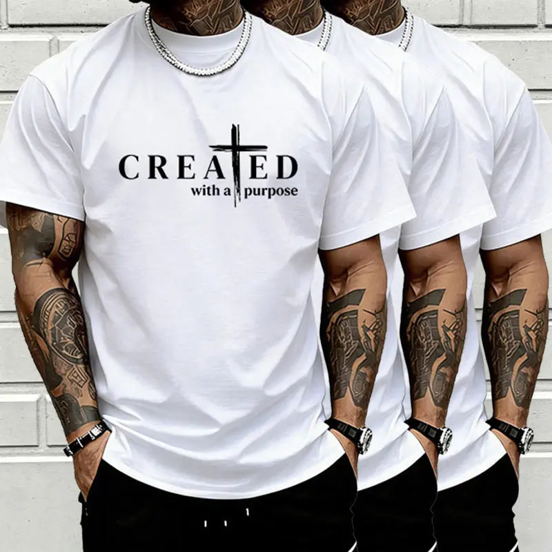 Men’s “Created with a Purpose” Christian graphic T-shirt, cross faith quote print tee, casual crew neck, perfect for church outfits, faith wear, and streetwear.