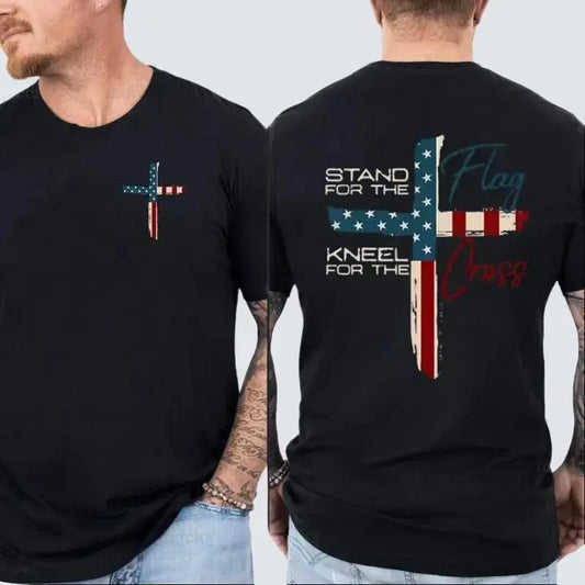 Patriotic Christian Faith T-Shirt – Stand for Flag Kneel for Cross Religious Shirt |   American Pride Cross Design Tee for Men |   Conservative Christian Cotton Clothing