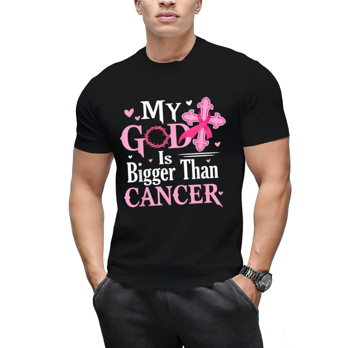 Women's Casual Short-Sleeve Round Neck Top - Breathable Fabric Shirt, Breast Cancer Awareness Garment with "My God Is Bigger Than Cancer" Jesus Design for Tropical Outdoor Beach Wear