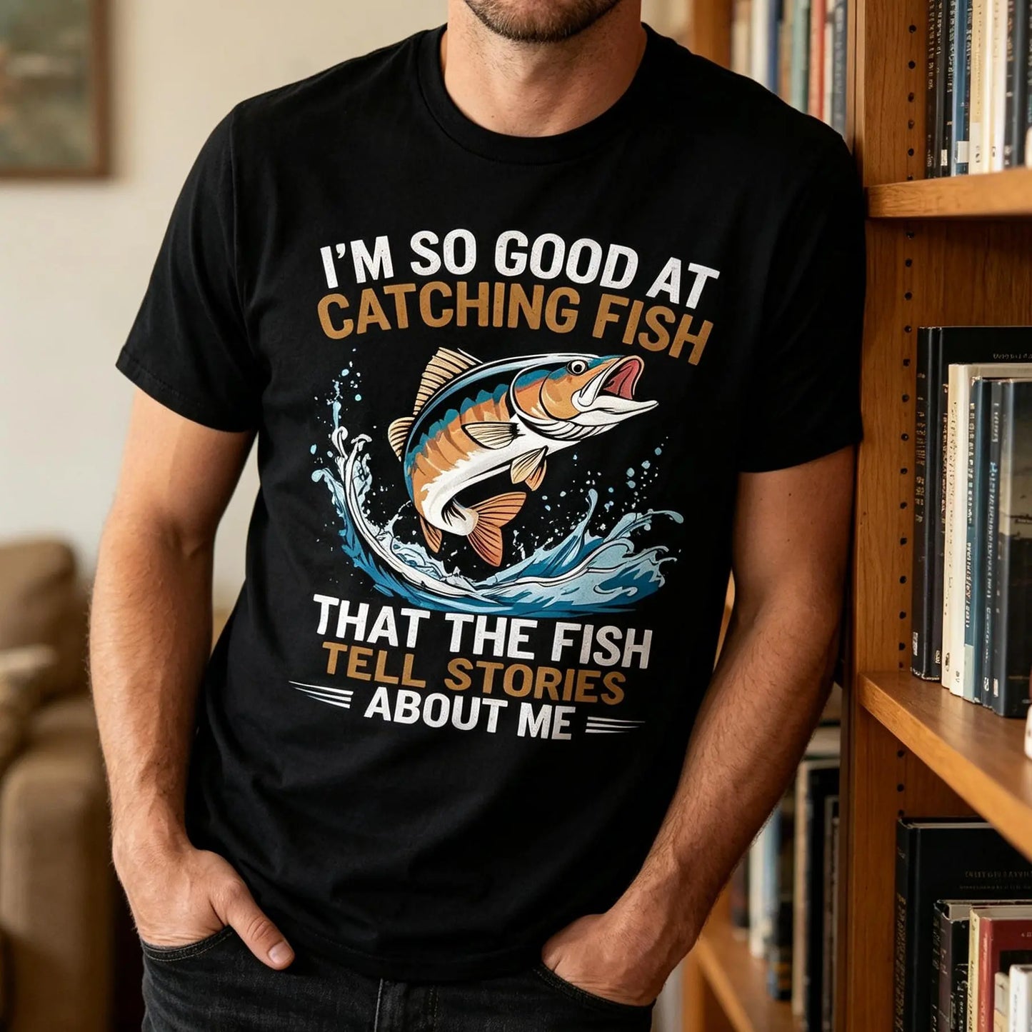 Men's Funny Fishing T-Shirt I Fish So Well The Fish All Tell Stories with Jumping Fish Graphic Lightweight Breathable 100%25 Cotton All-Season Casual Outdoor Fishing Apparel Sizes S-XXXL Machine Washable Ideal Gift  double print  Tshirt Round Neck Menswea