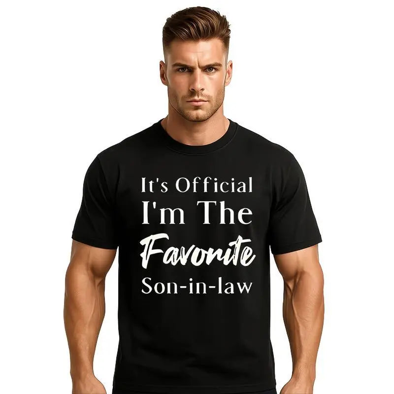 Men's "Favorite Son-in-Law" Letter Pattern Round Neck Short-Sleeved T-Shirt Classic 100%25 Cotton Dark Blue Breathable Stylish Casual Top
