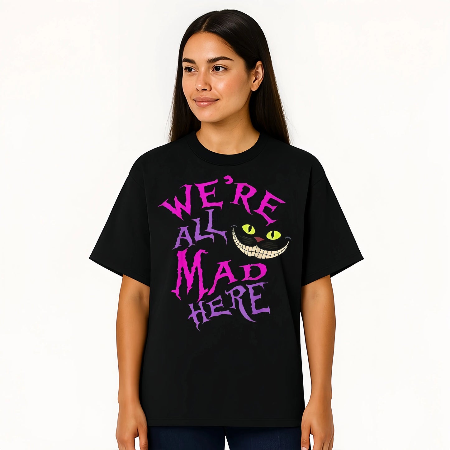Cat With Mysterious Smile We're All Mad Here Wonderland T-Shirt