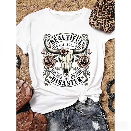 [100%25 Cotton] Women'S Western Cowboy Graphic T-Shirt - Black Short Sleeve Crew Neck Top With Bull Skull & Floral Design, "" Vintage 2008 Text, Casual Spring/Summer Tee For Outdoor & Casual Attire T-Shirt For Men And Women.