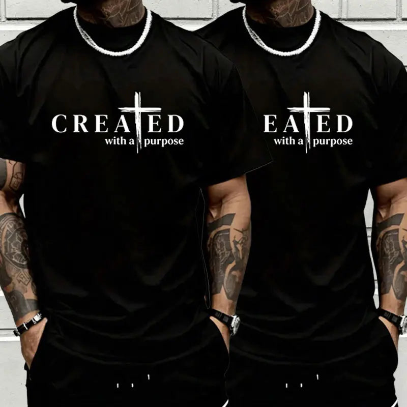 Men’s “Created with a Purpose” Christian graphic T-shirt, cross faith quote print tee, casual crew neck, perfect for church outfits, faith wear, and streetwear.