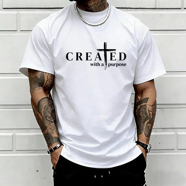Men’s “Created with a Purpose” Christian graphic T-shirt, cross faith quote print tee, casual crew neck, perfect for church outfits, faith wear, and streetwear.