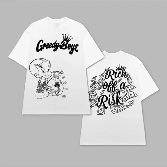 GreedyBoyz "Rich Off a Risk" Graphic T-Shirt, Funny Streetwear Tee for Men Women, Casual Cotton Unisex Shirt, Trendy Aesthetic Y2K Vintage Style, Hip Hop Urban Fashion, Oversized Fit Short Sleeve, Comfortable Everyday Wear