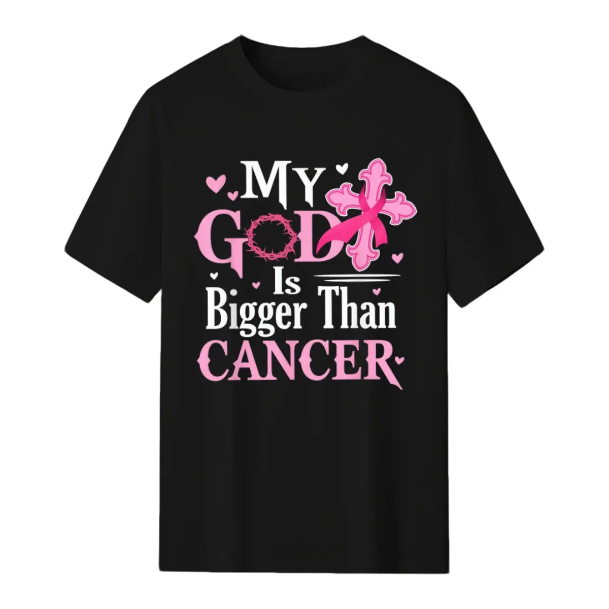 Women's Casual Short-Sleeve Round Neck Top - Breathable Fabric Shirt, Breast Cancer Awareness Garment with "My God Is Bigger Than Cancer" Jesus Design for Tropical Outdoor Beach Wear