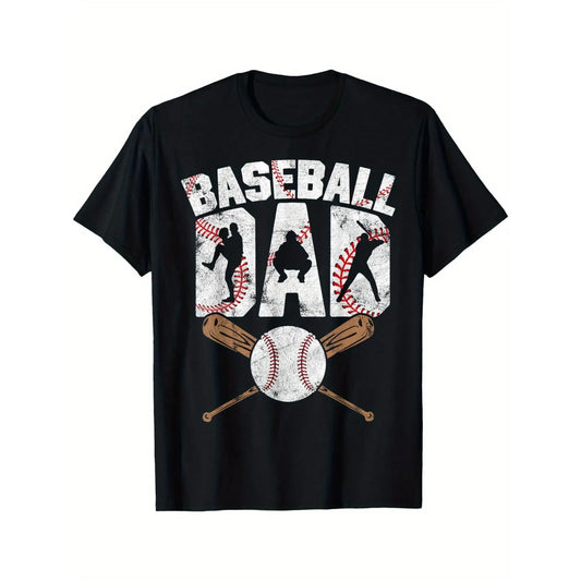 180g[100%25cotton][Baseball Dad T-shirt] Baseball Dad Pattern T-shirt - Crew Neck Casual Shirt for Men - Medium Stretch Knit Fabric - Heat Transfer Design - All-Season Comfort - Regular Fit - Perfect Gift for Sports Enthusiasts - 1pc