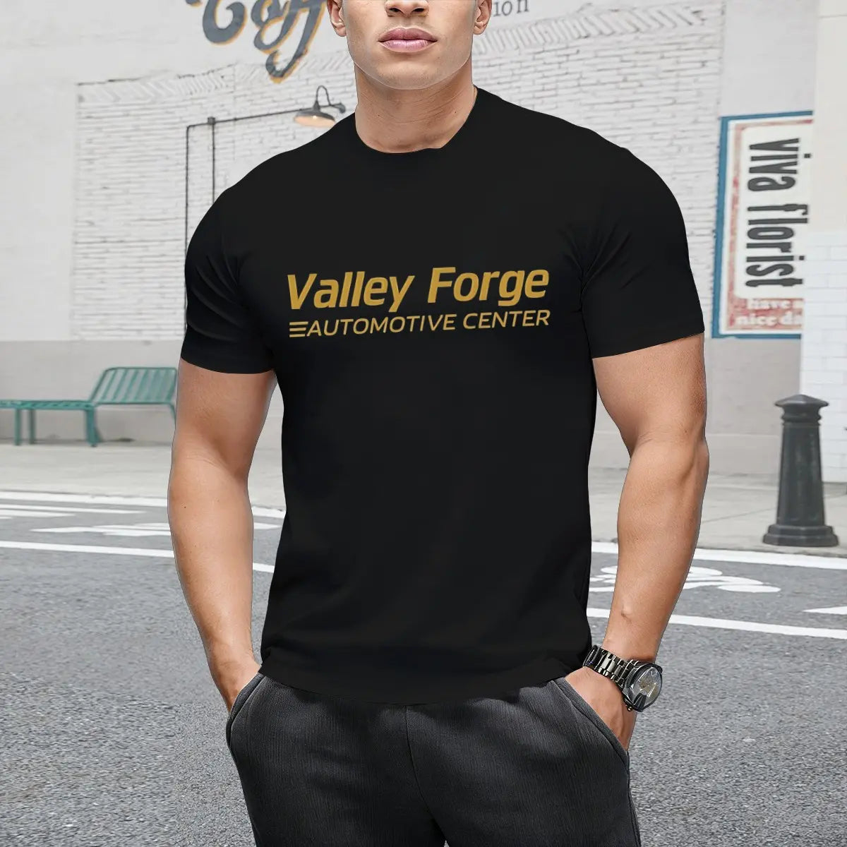 Men's Valley Forge Automotive Center Graphic Short-Sleeve Round Neck T-Shirt - Unisex Fitted Softstyle Casual Top for Car Enthusiasts, Summervibes Streetwear Outdoor Use