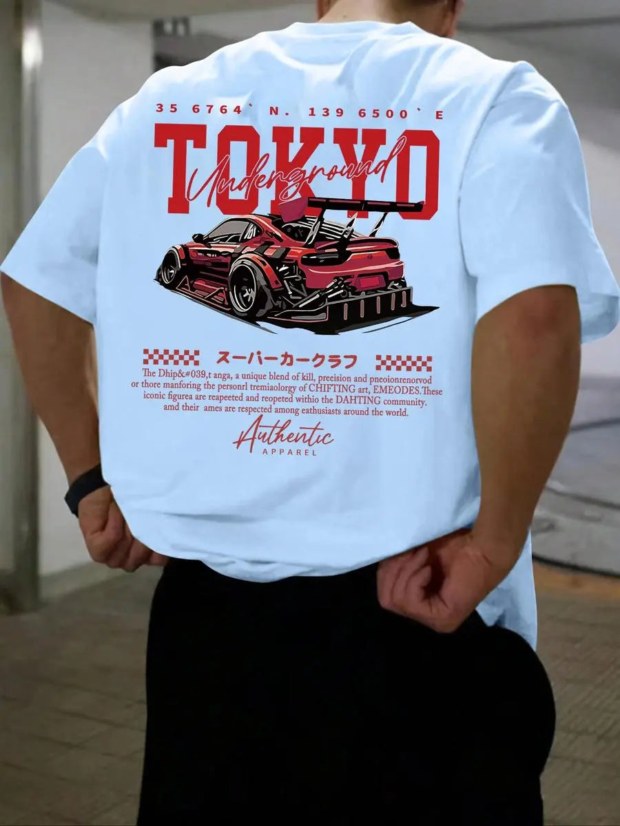 Men's Regular Fit Car & Letter Print Round Neck Tee, Street Fashion Casual Short Sleeve T-shirt for Daily Wear, Men's Top for All Seasons, Tropical, Streetwear