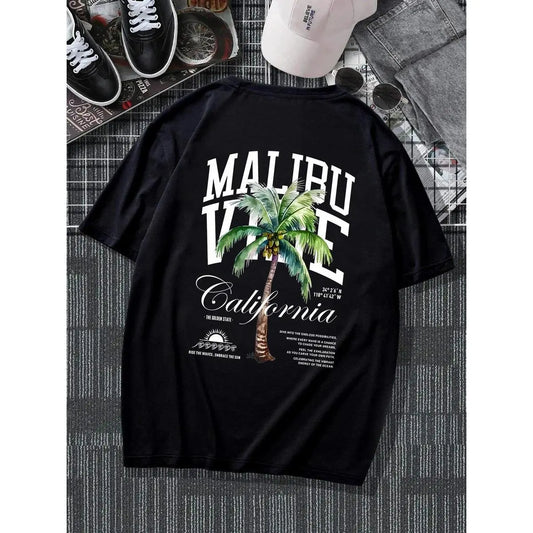 Unisex Men's Letter & Palm Tree Print Drop Shoulder Tee, Regular Fit Casual Soft Comfy Round Neck Half Sleeve T-shirt for Summer, Fashion Men's Top for Daily Wear