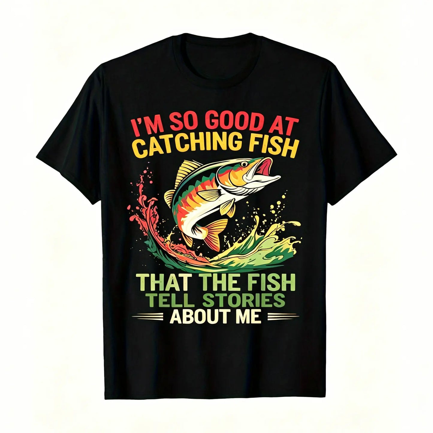 Men's Funny Fishing T-Shirt I Fish So Well The Fish All Tell Stories with Jumping Fish Graphic Lightweight Breathable 100%25 Cotton All-Season Casual Outdoor Fishing Apparel Sizes S-XXXL Machine Washable Ideal Gift  double print  Tshirt Round Neck Menswea