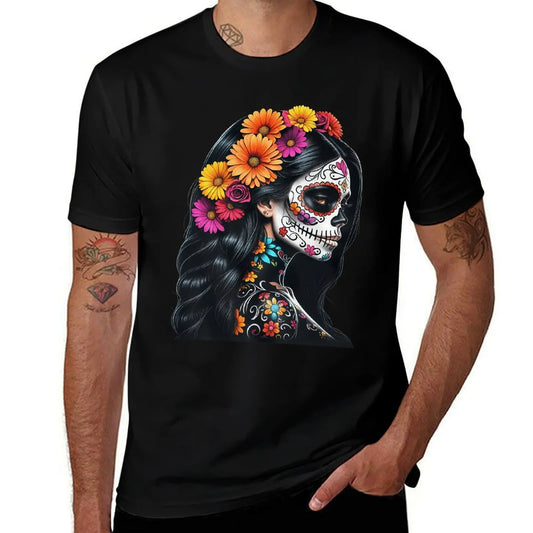 Women's 100%25 Cotton Short-Sleeve Distressed La Catrina Day of the Dead Sugar Skull Graphic T-Shirt, Crew Neck Casual Streetwear Black Tops, Unisex-Friendly Blouse