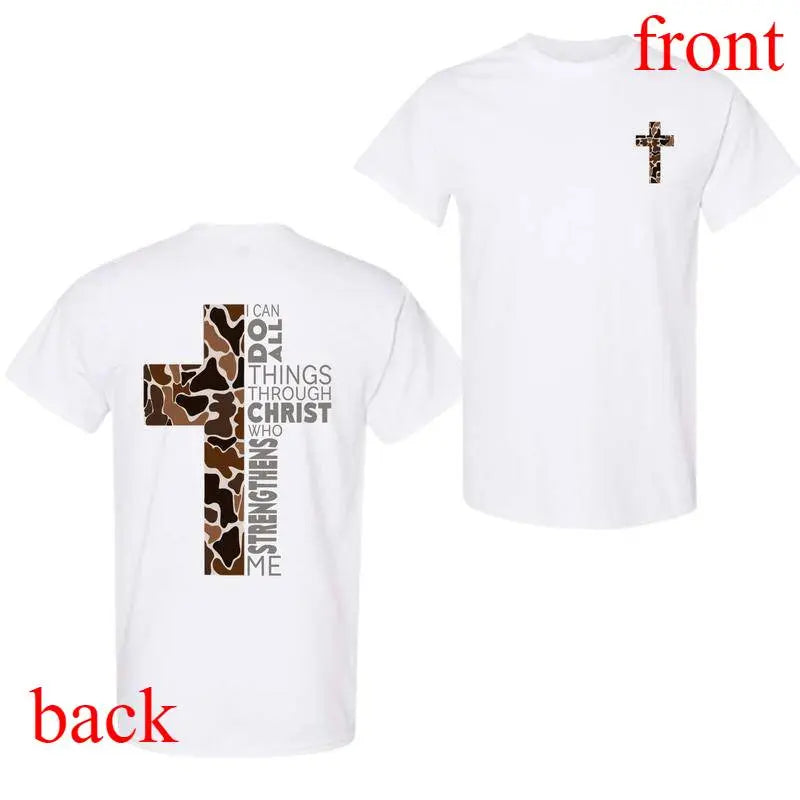Christian T-Shirt, Camo Cross Design With Philippians 4:13 Verse, Perfect For Faithful Believers And Outdoorsmen