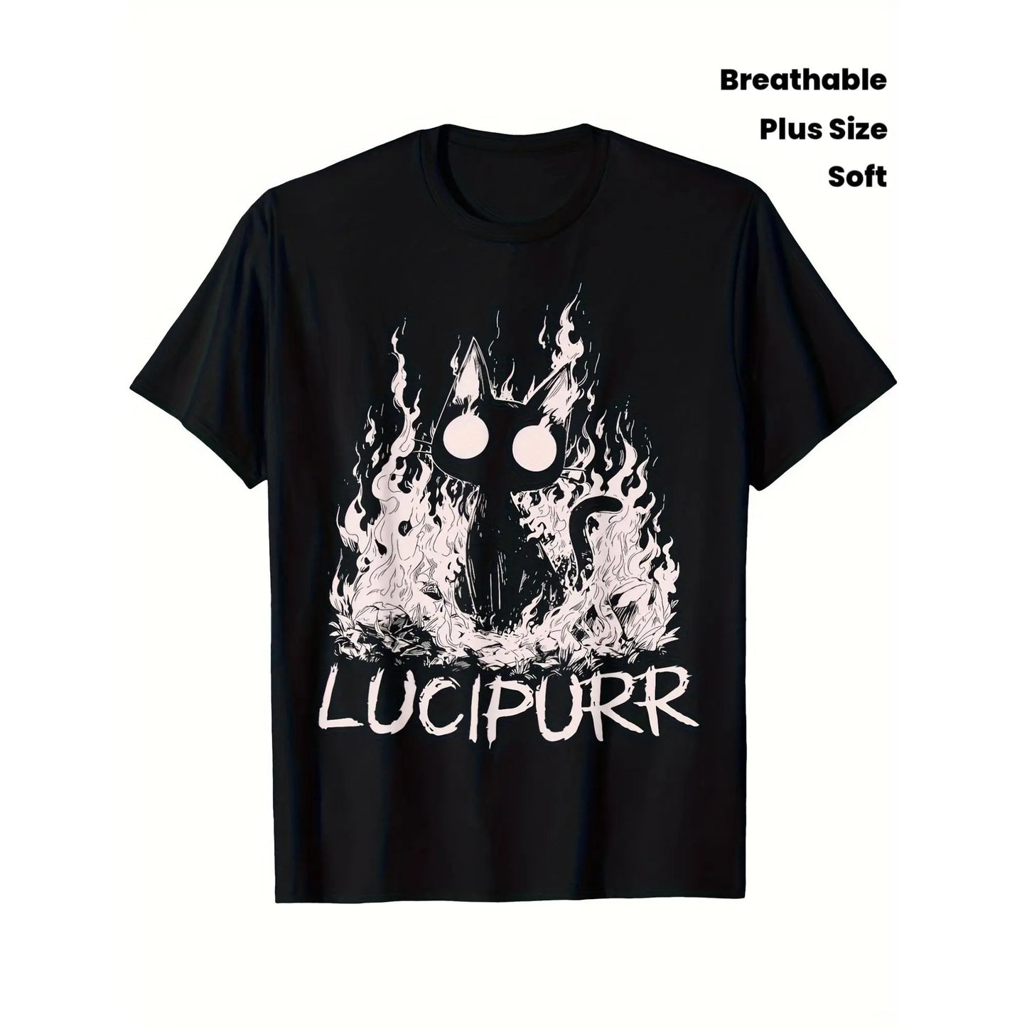 Men'S Plus Size Vintage Gothic Lucipurr Cat with Flames Graphic T-Shirt - Soft Breathable Crewneck Tee, Black & White Gothic Lettering & Lucipurr Design