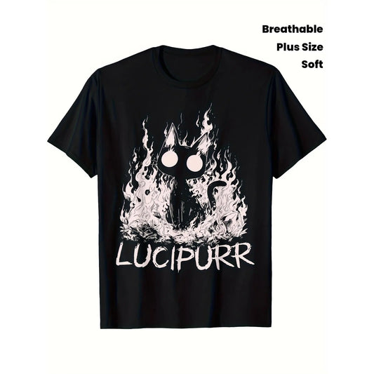 Men'S Plus Size Vintage Gothic Lucipurr Cat with Flames Graphic T-Shirt - Soft Breathable Crewneck Tee, Black & White Gothic Lettering & Lucipurr Design
