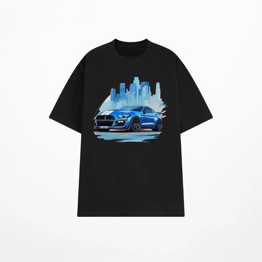 Men's Black Short Sleeve T-Shirt with Sports Car Cityscape Pattern, Casual Streetwear Tee, Perfect for Everyday Wear, Comfortable Cotton Blend Fabric, Unique Automotive Design for Car Enthusiasts, Modern Fit Graphic Top