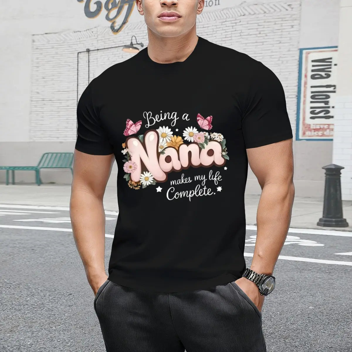 Women's "Being a Nana" Floral & Butterfly Print T-Shirt - Grandma Gift, Comfort Fit Round Neck Short Sleeve Blouse for Spring Summer Casual Wear - Top for Nana