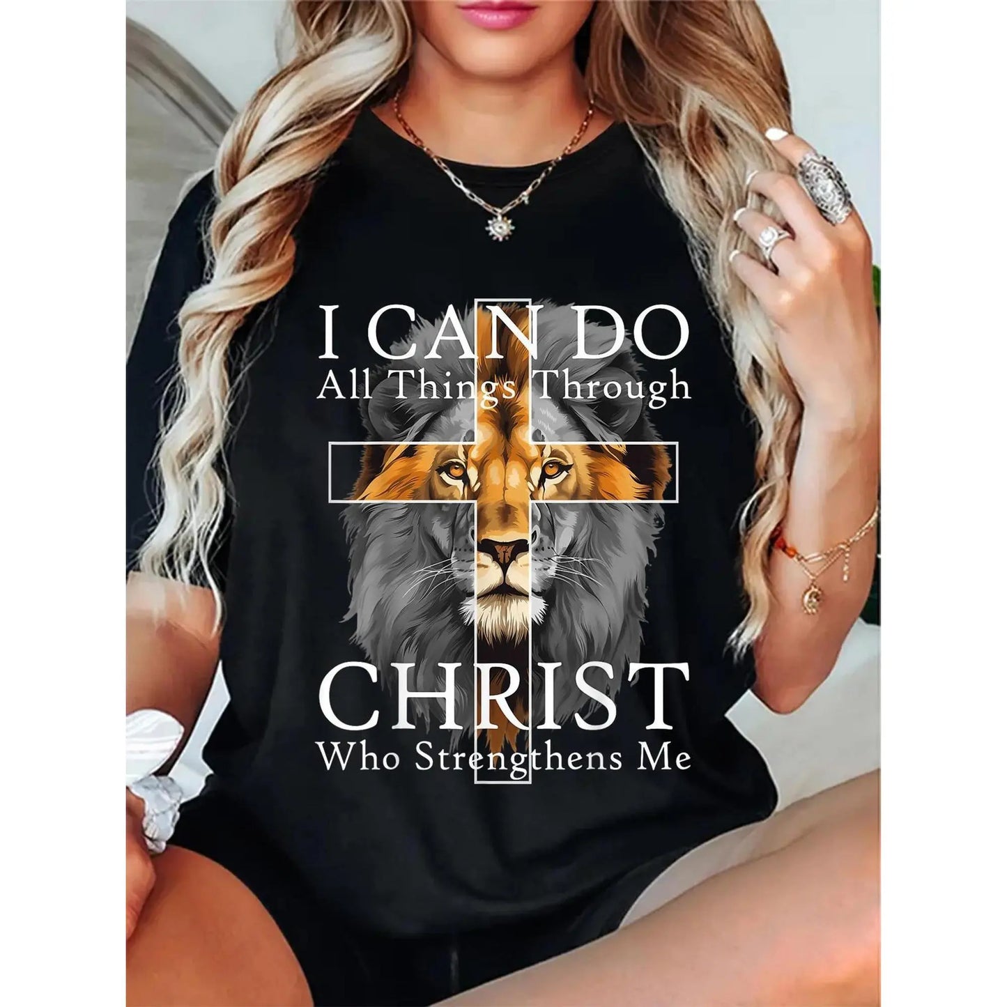 [100%25 Cotton] I Can Do All Things Through Christ Christian Lion Faith T-Shirt Women'S Men Graphic Tee Casual Round Neck Short Sleeve T-Shirt T-Shirt For Men And Women 052
