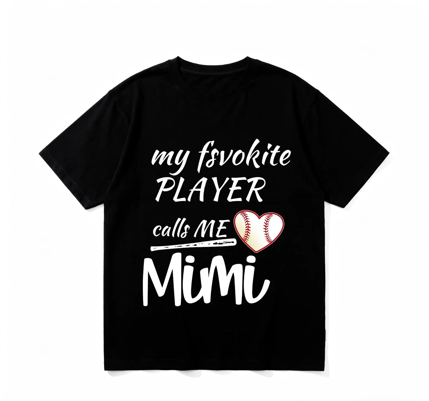 Mimi Women's Casual Baseball T-Shirt - Black 100%25 Cotton Round Neck with "My Favorite Player Calls Me Mimi" Heart Design, Loose Fit, Machine Washable Top for Baseball Moms