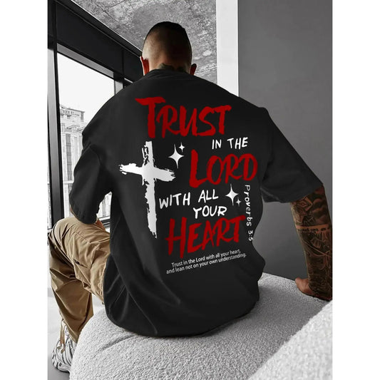Men's Cross & Letter Print Round Neck Graphic Tee, Casual Short Sleeve T-shirt for Daily Wear, Men's Top for All Seasons