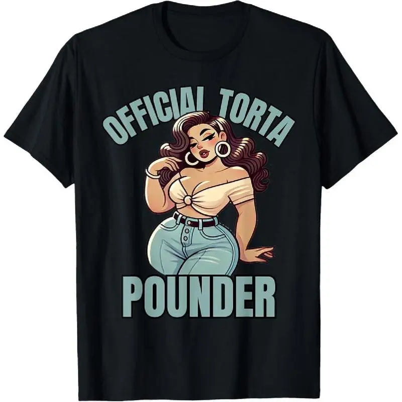 Torta Pounder Women's T-Shirt, 100%25 Cotton Streetwear Top with Latina Pinup Graphic, Short Sleeve Round Neck