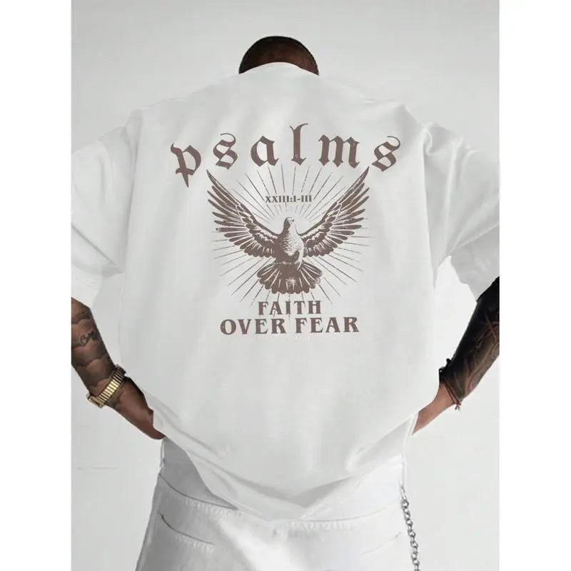 [100%25 Cotton]Faith Over Fear T-Shirt With Psalm 93 4 Design Loose Fit Crew Neck Short Sleeve For Men Casual Wear Sports Fan Gift In Glossy Black..
