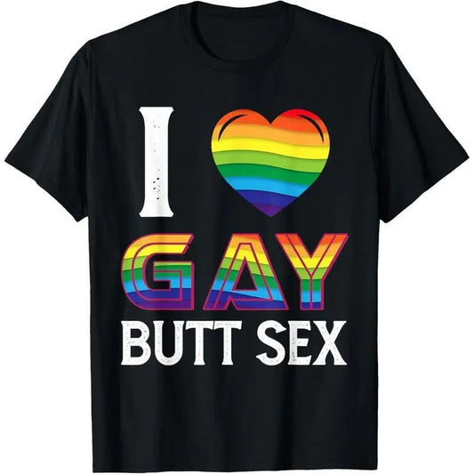 Men's "I Love Gay Butt Sex" Graphic T-Shirt, Casual 100%25 Cotton Short Sleeve Streetwear Top with Rainbow Heart, Made in USA