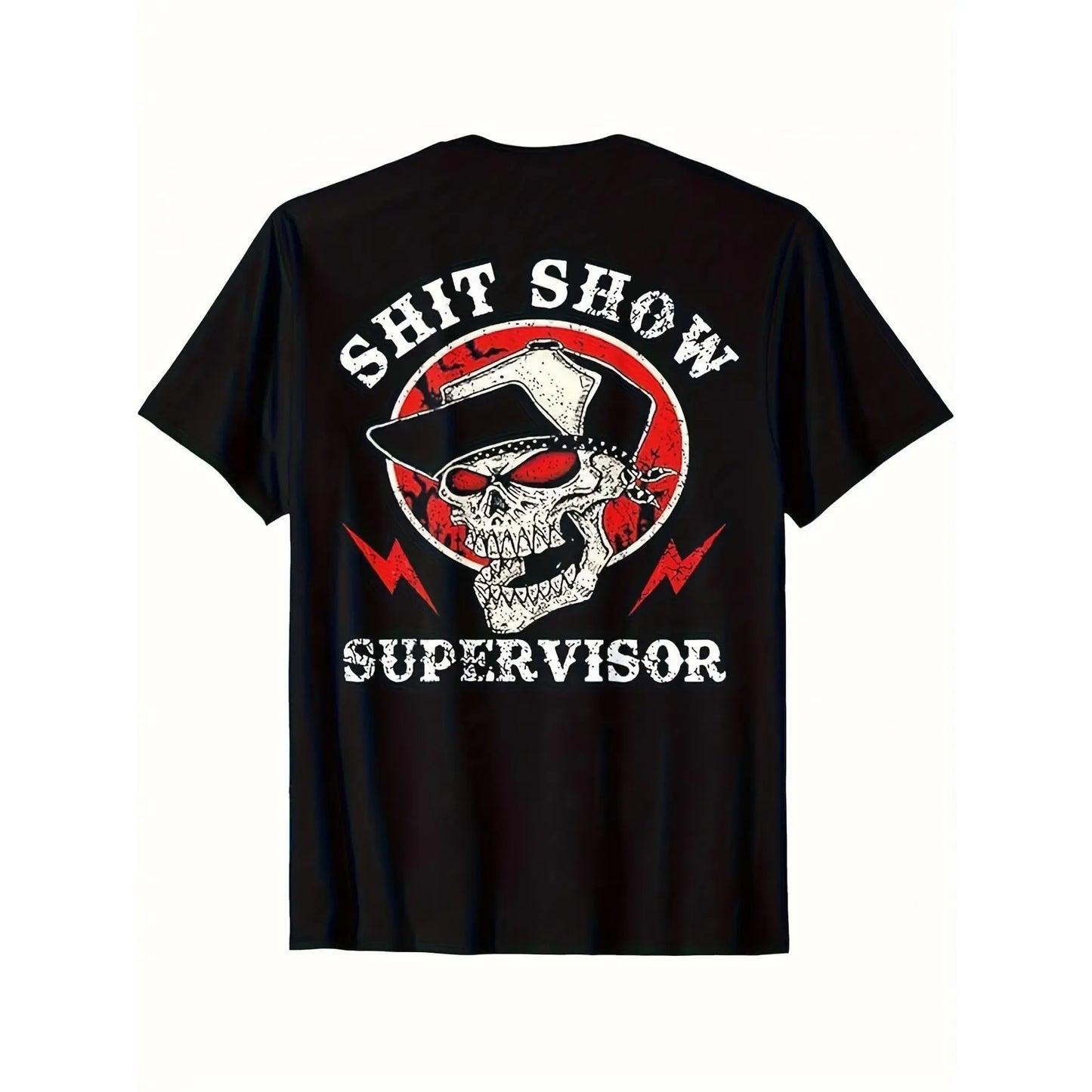 1pc Men'S Edgy "Shit Show Supervisor" Graphic T-Shirt - 180g Heavyweight 100%25 Relaxed Fit Crew Neck Short Sleeve Tee with Skull & Lightning Bolt Design, & Red Print on for Casual Casual Attire, Parties & Statement Outfits - All-Season